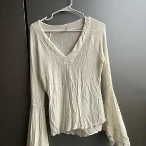 Free People Cream Long Sleeve V-Neck Top